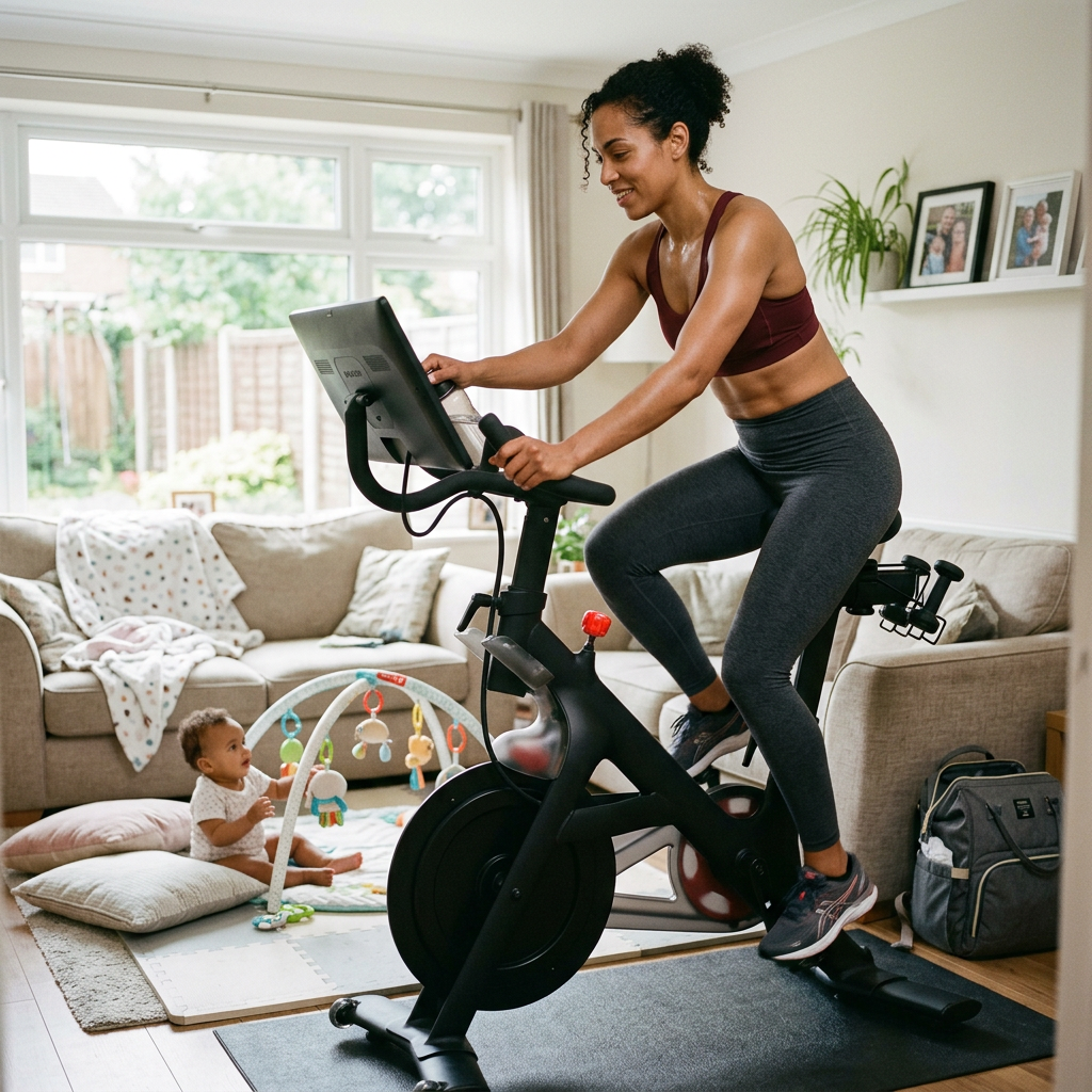 Woman on stationary bike exercising indoors near a baby playing on the floor